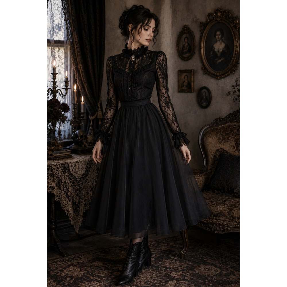 JS Collections Black Organza Tulle Midi Skirt Victorian Whimsigoth High Waist 12